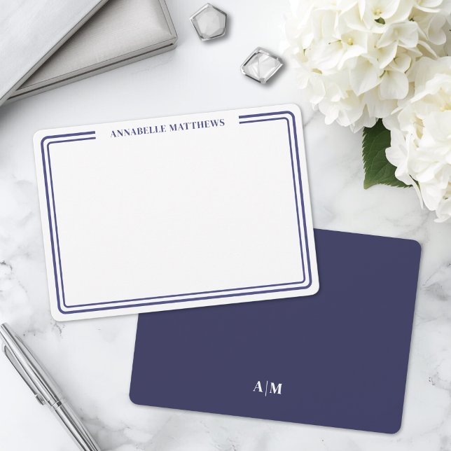 Elegant Blue Two Border Minimalist Name Monogram Card (Elegant Blue Two Border Minimalist Name Monogram Note Card)