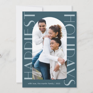 Elegant Blue Two Photo Happiest Holidays Holiday Card