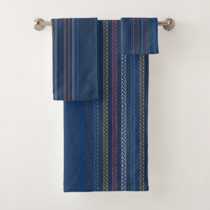 Elegant Blue Vertical Regatta Striped Border Bath Towel Set