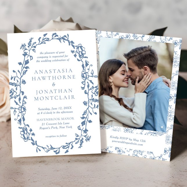 Elegant Blue Victorian Floral Photo Wedding Invitation (Creator Uploaded)