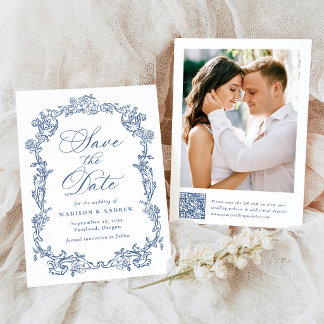 Elegant Blue Victorian Floral QR Code Wedding Save The Date