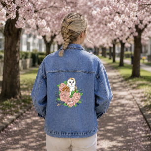 Elegant Blue Vintage Barn Owl Pink Flowers Denim Jacket