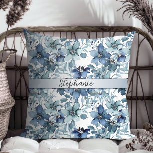 Elegant Blue Vintage Chintz Pattern Monogram Throw Pillow