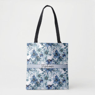 Elegant Blue Vintage Chintz Pattern Monogram Tote Bag