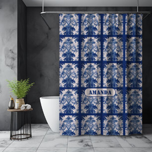 Elegant Blue Vintage Damask Floral monogram 