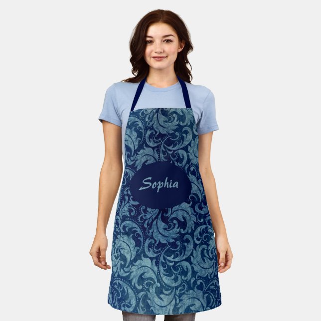 Elegant Blue Vintage Damask Pattern Apron (Worn)