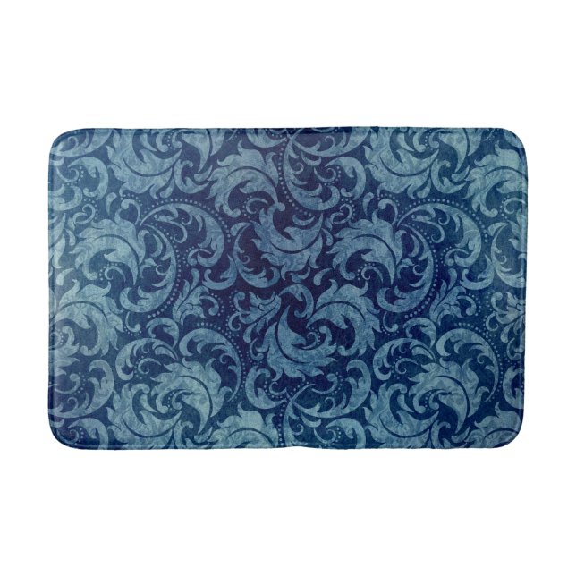 Elegant Blue Vintage Damask Pattern Bath Mat (Front)