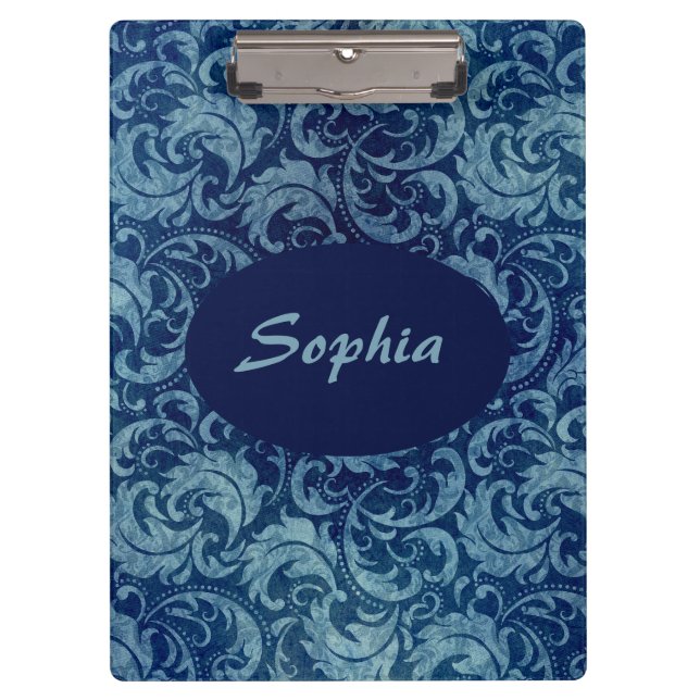 Elegant Blue Vintage Damask Pattern Clipboard (Front)