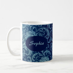 Elegant Blue Vintage Damask Pattern Coffee Mug