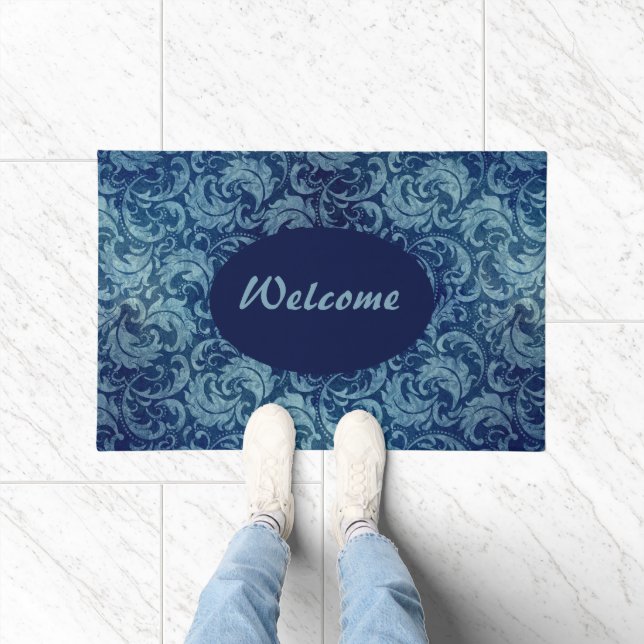 Elegant Blue Vintage Damask Pattern Doormat (Indoor)