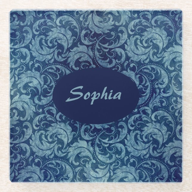 Elegant Blue Vintage Damask Pattern Glass Coaster (Front)
