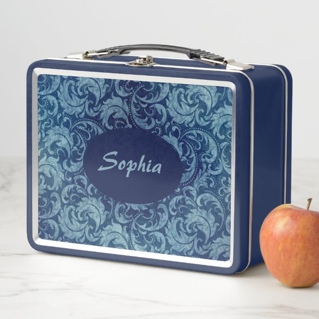 Elegant Blue Vintage Damask Pattern Metal Lunch Box (In Situ)