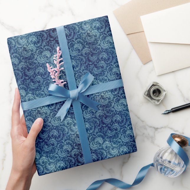 Elegant Blue Vintage Damask Pattern Wrapping Paper (Gifting)