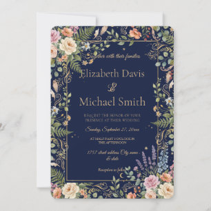 Elegant Blue Vintage Floral Botanical  Invitation