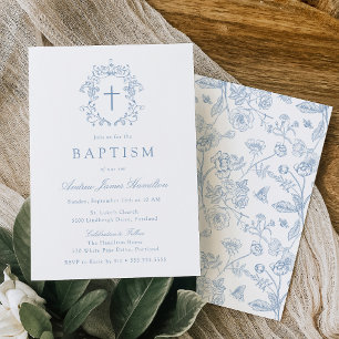 Elegant Blue Vintage Floral Cross Baptism Invitation