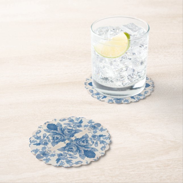 Elegant blue vintage floral  paper coaster (Insitu)