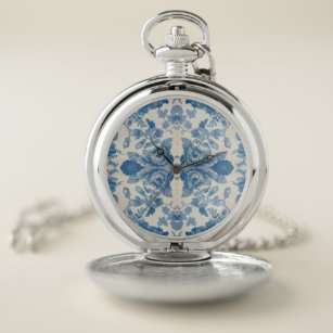 Elegant blue vintage floral  pocket watch