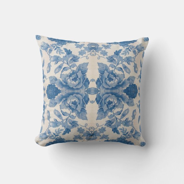 Elegant blue vintage floral throw pillow (Front)