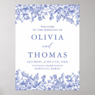 Elegant Blue Vintage Floral Wildflower Wedding Poster