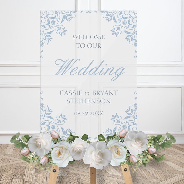Elégant Blue Vintage Frame Mariage Bienvenue (elegant dusty blue wedding welcome sign with bride and groom names date for reception shower event)