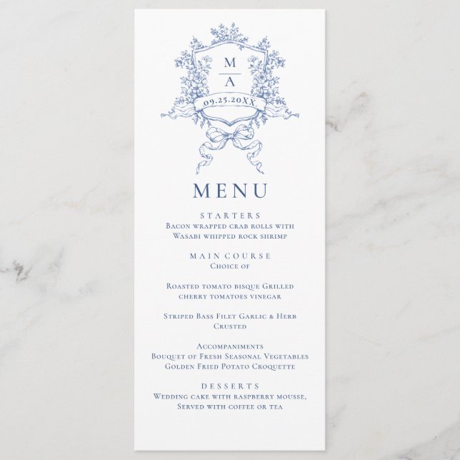 Elegant Blue Vintage Garden Flowers Wedding Dinner Menu (Front)