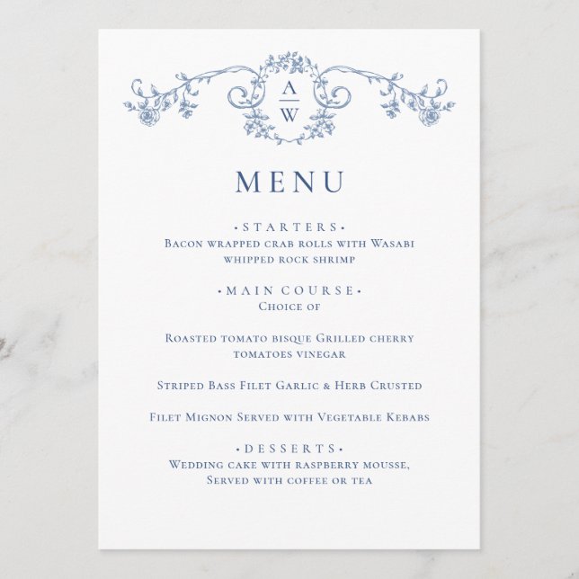 Elegant Blue Vintage Garden Flowers Wedding Dinner Menu (Front)