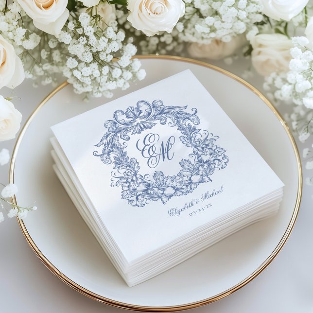 Elegant Blue Vintage Monogram Crest Wedding Napkin (Creator Uploaded)