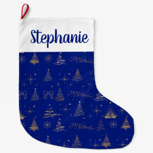 Elegant Blue W/ Gold Christmas Tree Doodles  Large Christmas Stocking