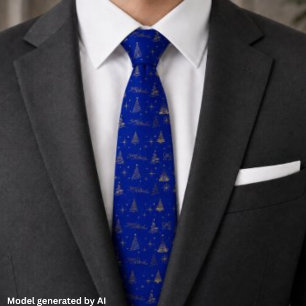 Elegant Blue W/ Gold Christmas Tree Doodles Tie