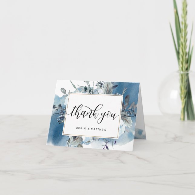 Elegant Blue Watercolor and Floral Thank You (Front)