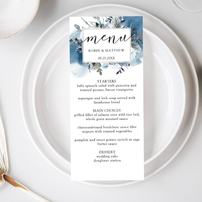 Elegant Blue Watercolor and Floral, Wedding Menu (Creator Uploaded)