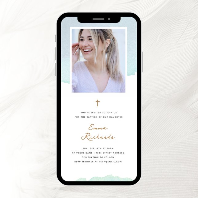 Elegant Blue Watercolor and Photo Baptism Invitation (Creator Uploaded)