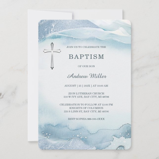 Elegant Blue Watercolor Baptism Invitation for Boy (Front)