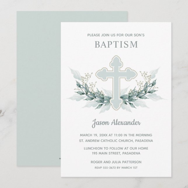 Elegant Blue Watercolor Baptism Invitations (Front/Back)