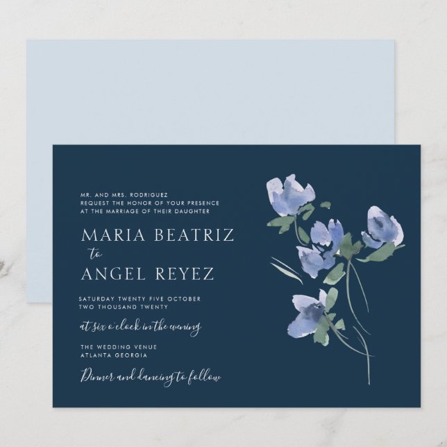 elegant blue watercolor blooms wedding invitation (Front/Back)