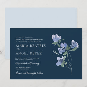 elegant blue watercolor blooms wedding invitation