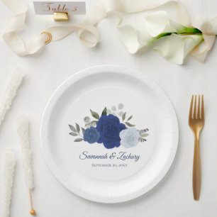 Elegant Blue Watercolor Boho Chic Roses Wedding Paper Plate