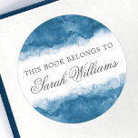 Elegant blue watercolor bookplate stickers<br><div class="desc">Elegant,  trendy book labels or bookplate stickers featuring blue watercolor borders top and bottom. Customizable dark grey text: "This book belongs to [Name Surname]"</div>