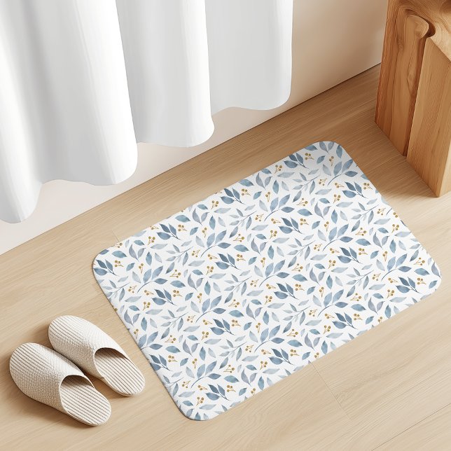 Elegant Blue Watercolor Botanical Pattern Bath Mat (Creator Uploaded)