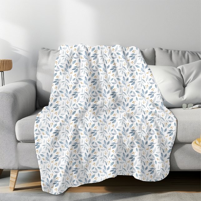 Elegant Blue Watercolor Botanical Pattern Fleece Blanket (Creator Uploaded)