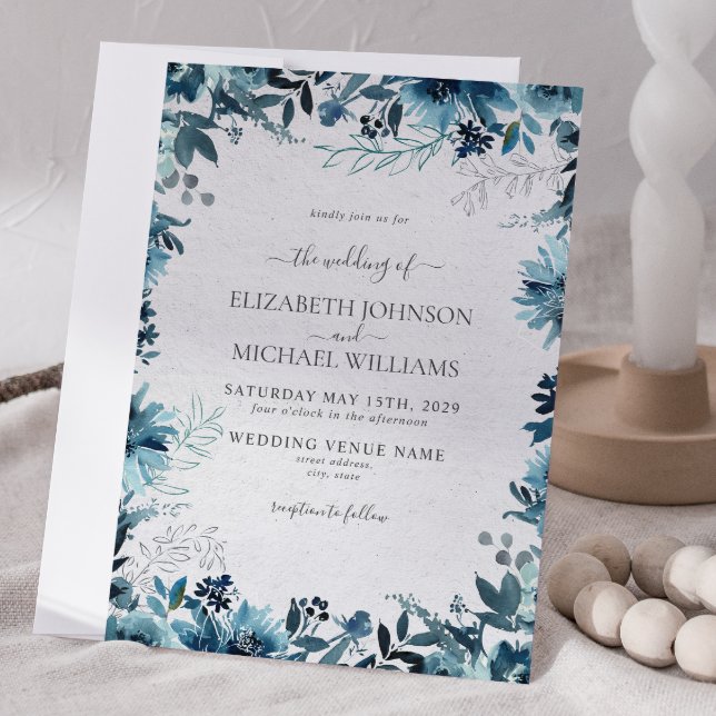Elegant Blue Watercolor Botanical Winter Wedding Invitation (Winter Wedding Invitation)