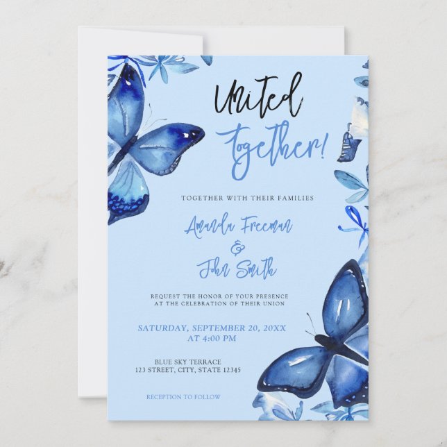 Elegant Blue Watercolor Butterflies Wedding Invitation (Front)