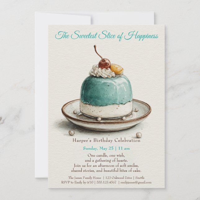 Elegant Blue Watercolor Cake Birthday Invitation (Front)