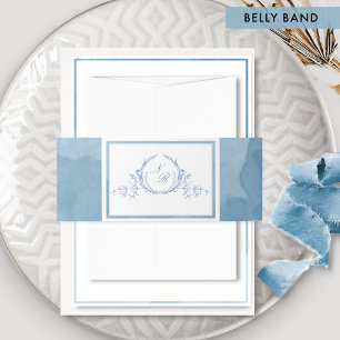 Elegant Blue Watercolor, Classic Monogram Wedding Invitation Belly Band