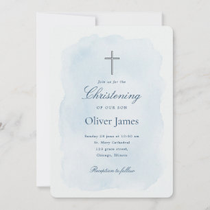 Elegant Blue Watercolor Cross Christening Invitation