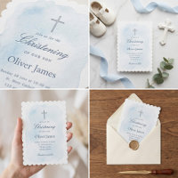 Elegant Blue Watercolor Cross Christening