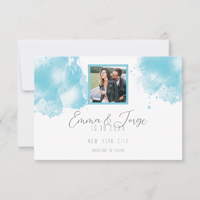 Elegant Blue Watercolor Flat Save The Date Card (Front)