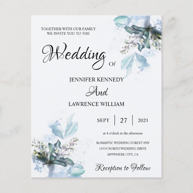 Elegant Blue Watercolor Floral bloom Photo Wedding (Front)