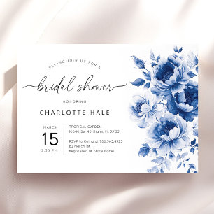 Elegant Blue Watercolor Floral Bridal Shower  Invitation