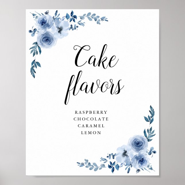 Elegant Blue watercolor floral cake flavours sign (Front)